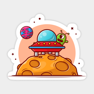 Cute Alien UFO Spaceship Landed on The Moon Cartoon Vector Icon Illustration Sticker